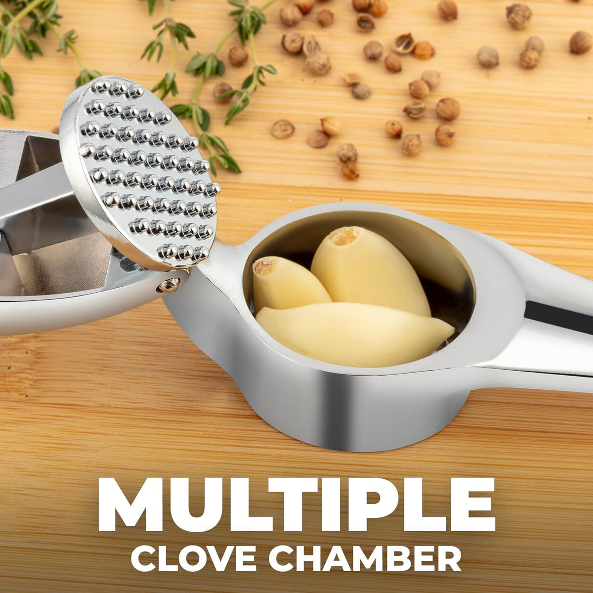 Zulay Kitchen Large Premium Garlic Press Set – Rust Proof & Dishwasher Safe, Bigger Bowl Garlic Mincer Tool with Silicone Garlic Peeler & Brush, Easy Squeeze & Clean, Ergonomic Handle - Chrome