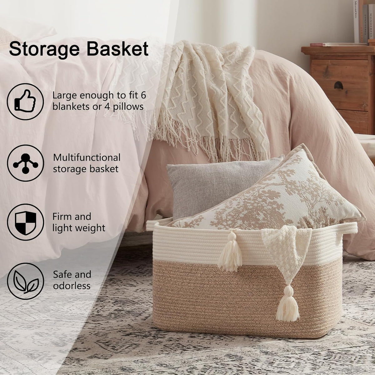 OIAHOMY 65L Blanket Basket, Cotton Rope Woven Blanket storage for Living Room, Rectangle Woven Baskets for Storage, 20''×16''×12'', Brown and White