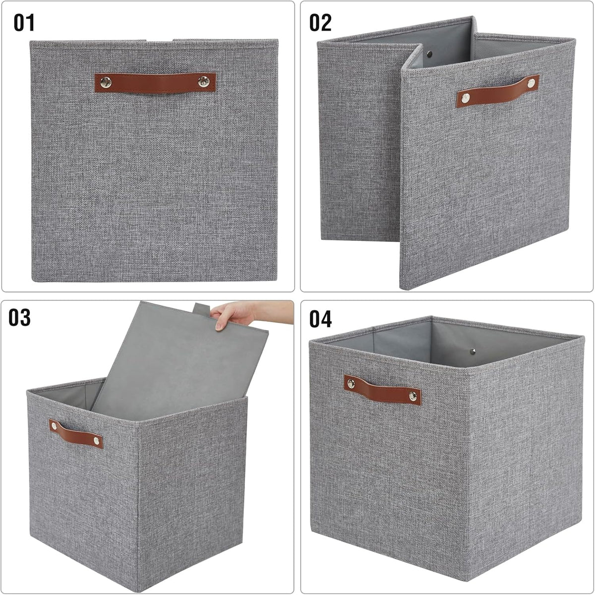 Collapsible Fabric Storage Cube Bins with 2 Reinforced PU Handles, Foldable Storage Organizer Baskets for Closet, Shelves, Living Room | 13"x13"x13", 4 Pack, Full Gray