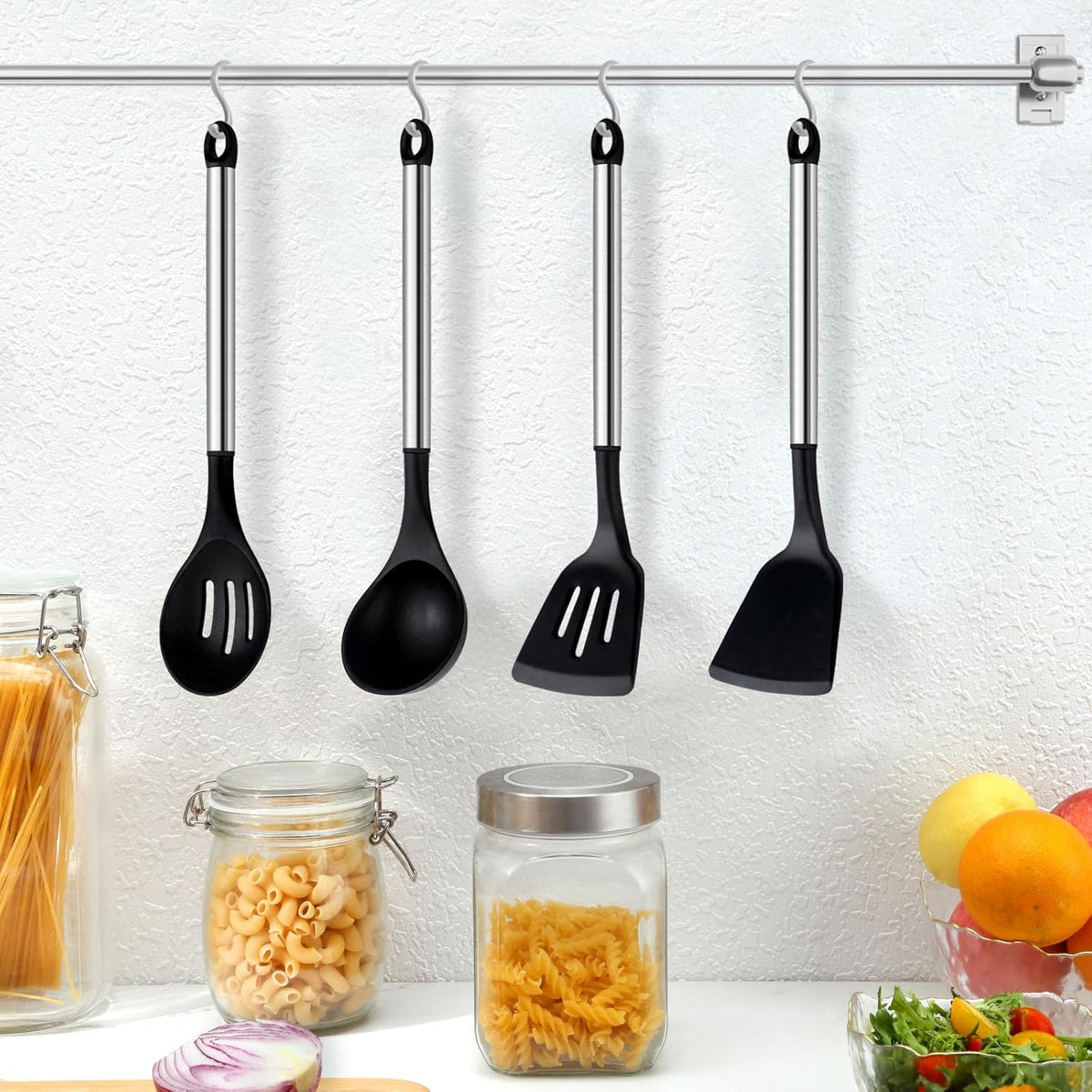 Pleafind 4-Pcs Silicone Cooking Utensils Set, Wok Utensils Set Include Wok Ladle, Slotted Spoon, Solid Spatula and Slotted Spatula, Silicone and Stainless Steel Kitchen Utensils, Dishwasher Safe
