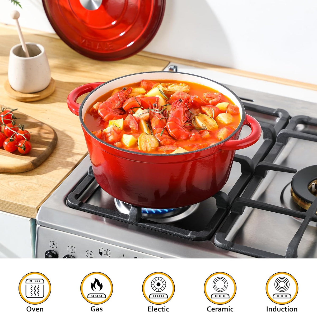 Velaze 7.5 QT Dutch Oven Pot with Lid, Enameled Cast Iron Dutch Oven with Dual Handles for Sourdough Bread Baking, Cooking, Non-stick Enamel Coated Cookware (RED)