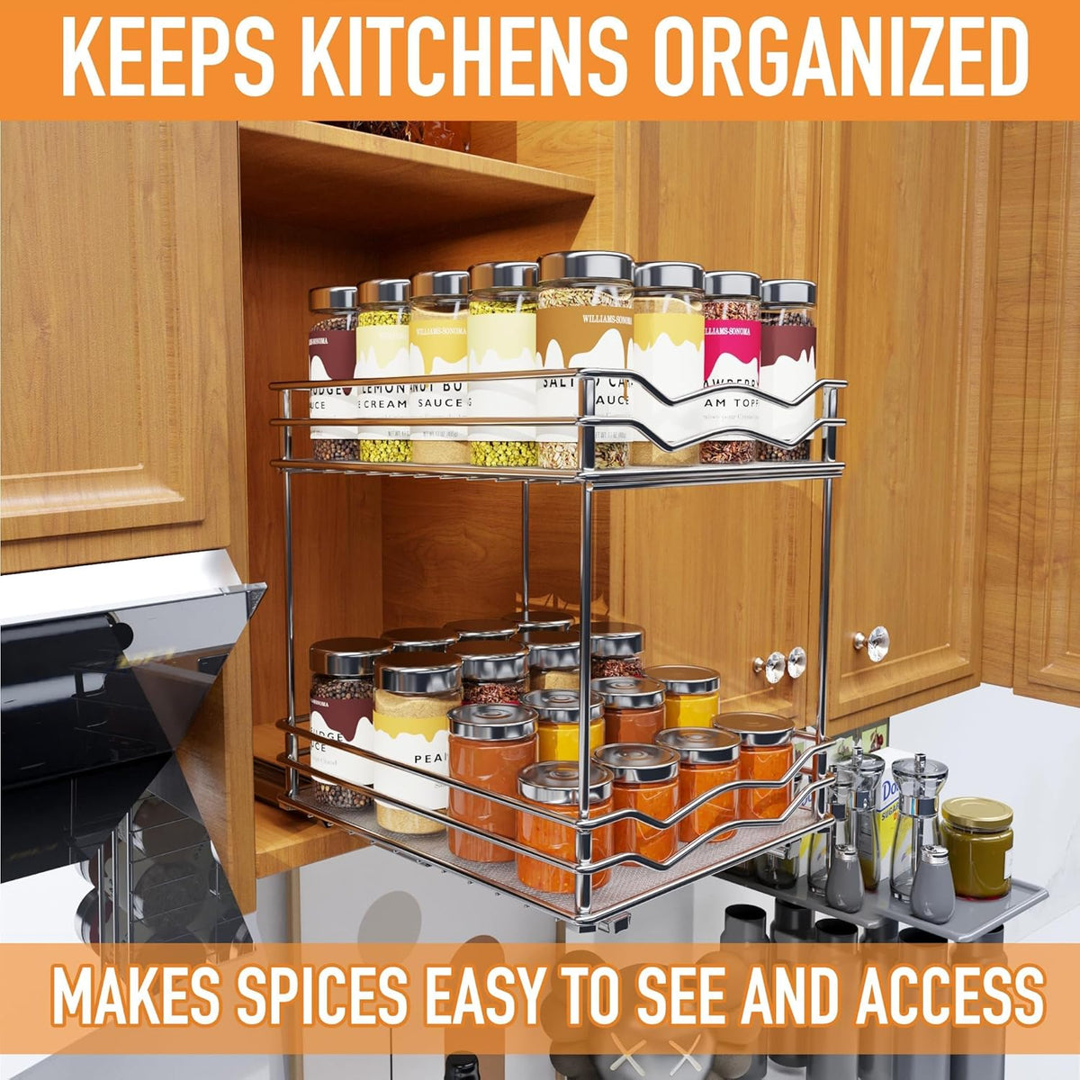 BBV Spice Rack Organizer, Double layer Seasoning Organizer for Cabinet Countertop, Kitchen, Pantry, Sliding Metal Chrome Spice Organization (9 inch)