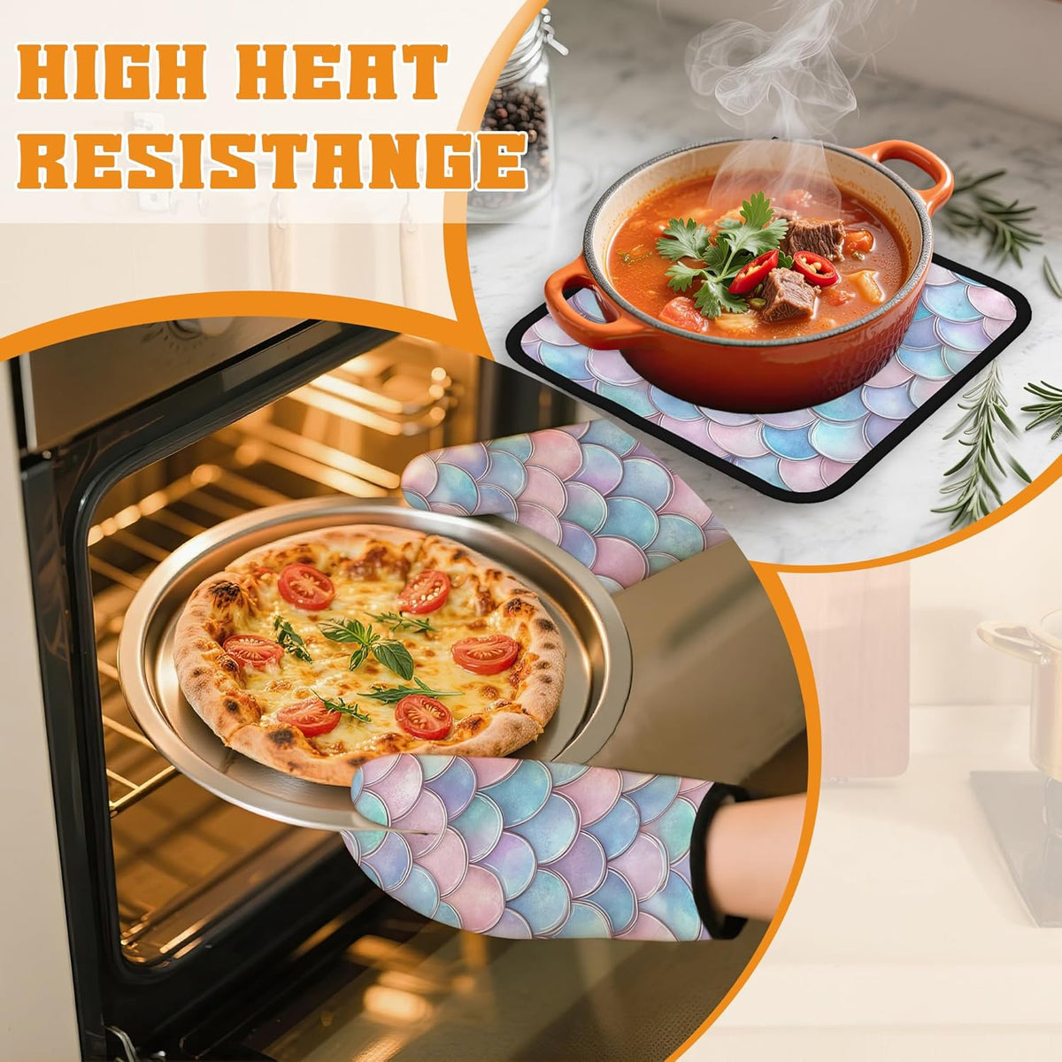 Pink Fish Scales Oven Mitts and Pot Holders Set,Mermaids Kitchen Decor Heat Resistant Non Slip Hot Pads and Oven Mitt for Chef Cooking Baking BBQ Mom Girl Gifts(4 Piece Set)