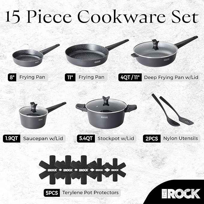 THE ROCK SOHO 15Pcs Cookware Set – Pots and Pans Set Non Stick with ROCK.TEC – Compact for Urban Kitchens, Nothing Sticks, Never Warps, Lasts Longer, Induction & Dishwasher Safe, Black