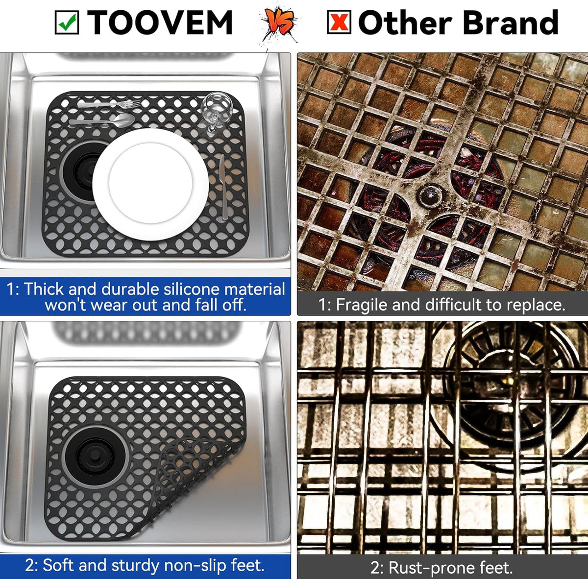 TOOVEM Sink Protectors for Kitchen Sink, Kitchen Stainless Ceramic, Folding Non-slip Mat, Heat Resistant Silicone Mat 1 Pcs, Black, 13.58 ''x 11.6 '' Rear Drain