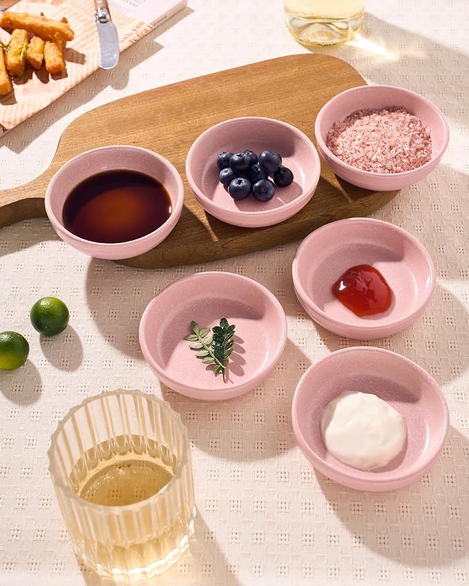 famiware Pluto Soy Sauce Dishes of 6, 3 oz Dipping Sauce Cups/Bowls/Dishes for Kitchen, Ceramic Small Bowls for Side Dish, Appetizers, Snacks, and Sushi, Reactive Glaze, Light Pink