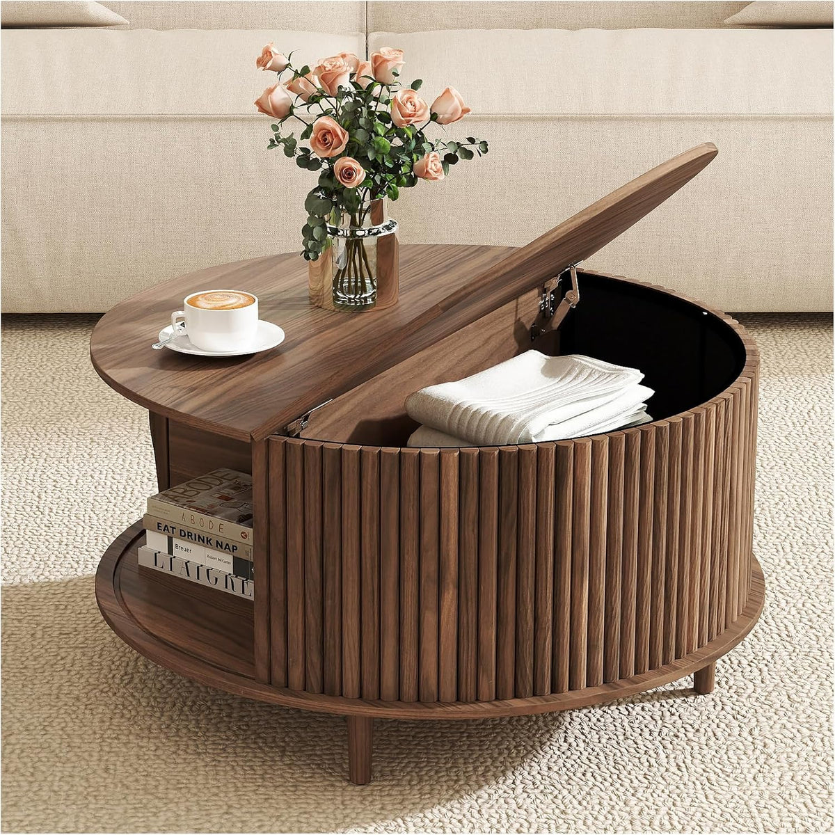 Round Coffee Table with Storage,31.5" Mid Century Modern Coffee Table with Hidden Compartment,Fluted Center Table for Living Room,Home Small Space,Walnut