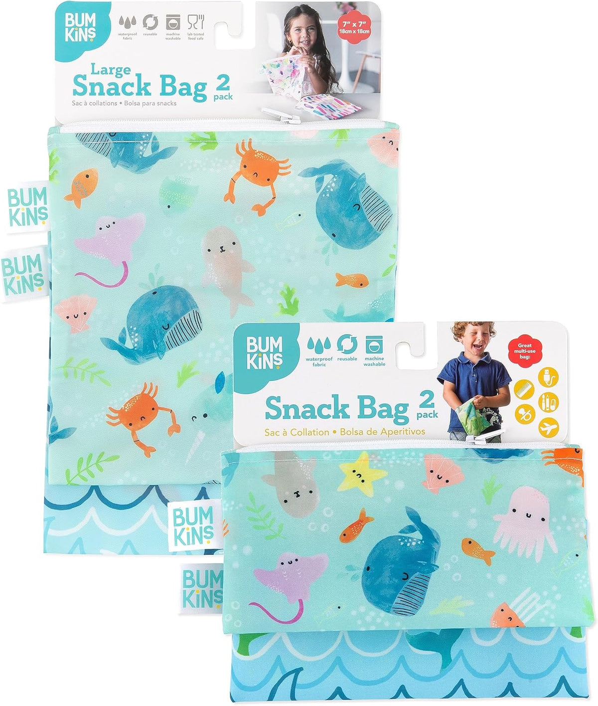 Bumkins - Cloth Snack & Sandwich Bags - For Storage, Travel, Food Prep, Lunch - Reusable, Water Resistant, Washable, Dishwasher Safe - Snack Bags for Kids - Zipper Closure - Ocean Life - 4 Pack