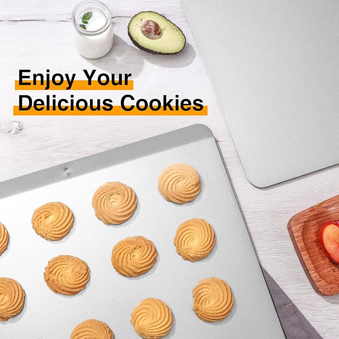 HONGBAKE 2 Pieces Large Flat Cookie Sheet No Edges, Nonstick Insulated Baking Pan, Commercial Oven Trays for Cooking, 16" X 14", Grey