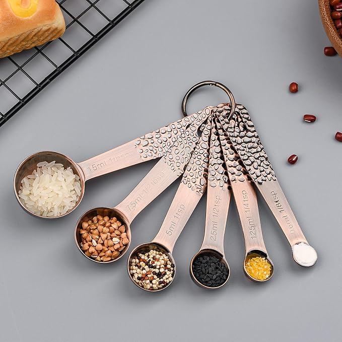 Measuring Cups and Spoons Set 12, Metric & US Copper Measuring Cups and Spoons Set for Kitchen and Baking, Dry & Liquid Metal Measure 5 Cups 6 Spoons With 1 Leveler