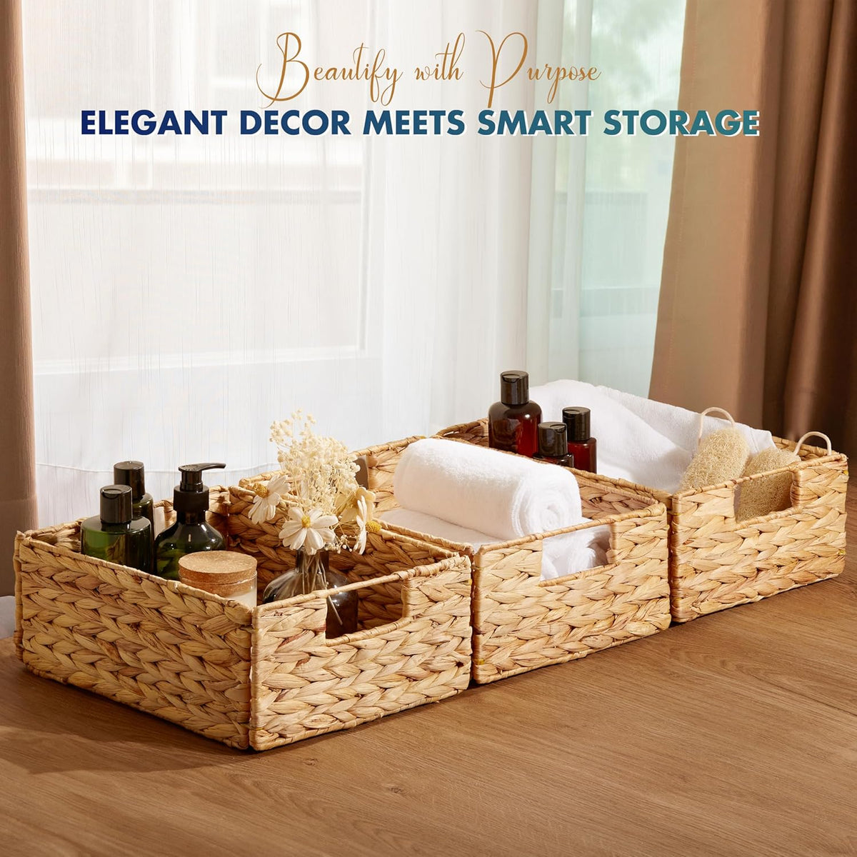 BLUEWEST Water Hyacinth Storage Baskets (Set of 6) β Woven Hyacinth Organizer with Carrying Handles, Laundry Basket for Organizing, Rattan Bin for Shelves
