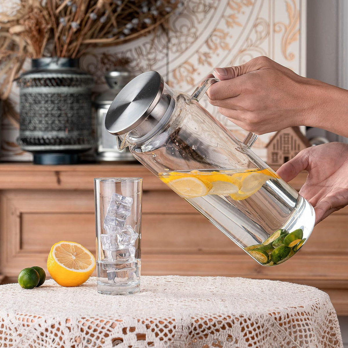 Set of 2 Glass Pitcher with Lid,2 Quart (64 oz / 1.9 Liter) Leak Proof,Glass Water Jugs, BPA-Free,Microwave & Dishwasher Safe Pitcher,Sun & Iced Tea, Sangria,Cold Brew Coffee & More