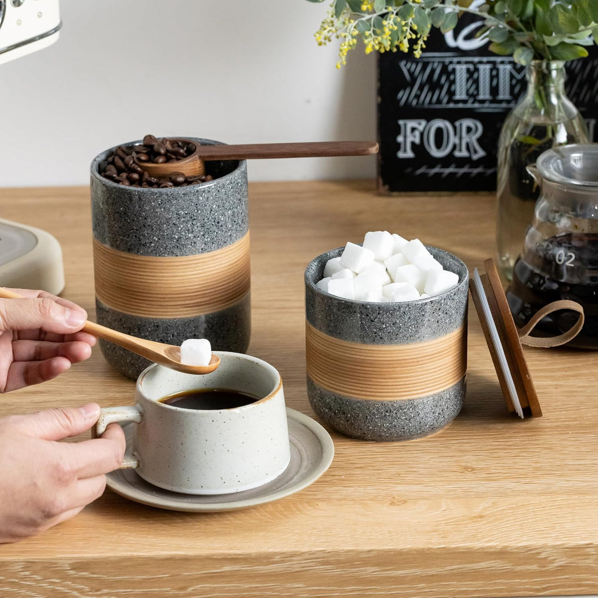 Airtight Coffee Storage Container Jar with Lid, Ceramic Kitchen Food Storage Jars for Spice Sugar Cookie, Coffee Bean Stackable Decorative Jars for Housewarming, Grey & 28oz
