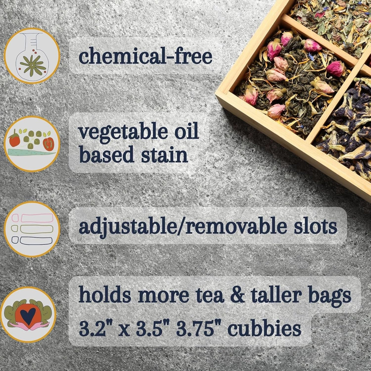 Tea Organizer Box Food Safe Chemical Free Bamboo Storage Chest Tall, Adjustable Cubbies (6-Slot 11" x 8.1" x 4.2" Blank)