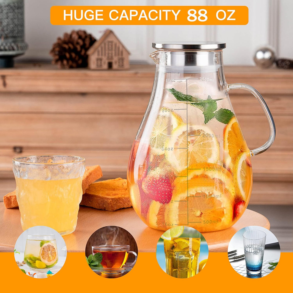 Glass Pitcher with Lid,88 Ounces -2500ml with Precise Scale Line, Hot/Cold Water Jug, Juice and Iced Tea Beverage Carafe with Lid