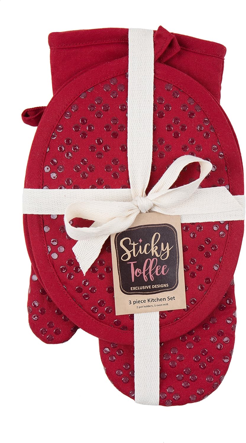Sticky Toffee Oven Mitt and Pot Holder Set of 3 – Red Non-Slip Silicone Kitchen Hot Pads and Mitts, 100% Cotton Shell, Oeko-Tex Cotton
