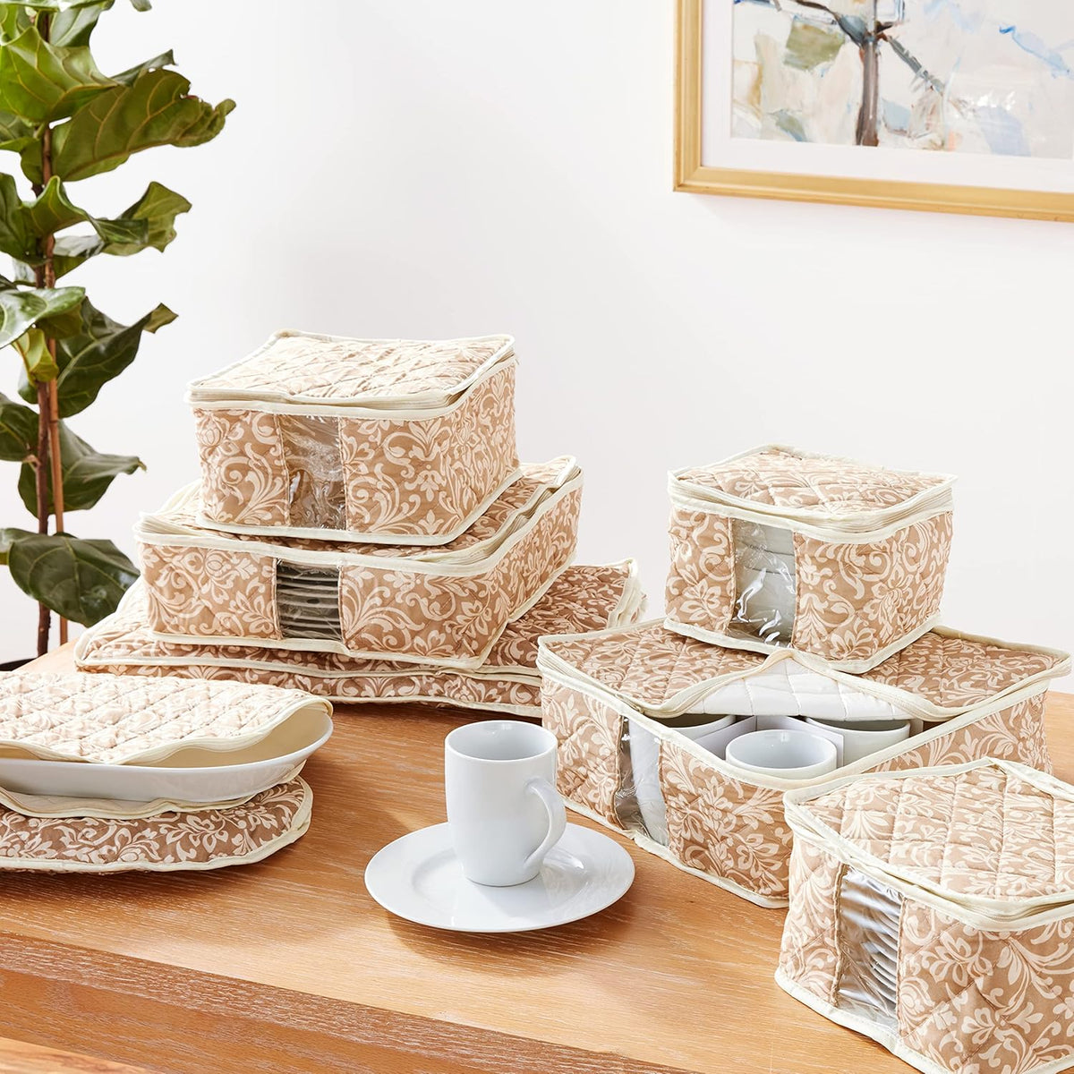 8-Piece Storage Containers Set – China, Beige, Quilted, Stackable Dish & Plate Protectors – Glass & Dinnerware Organizer Lids – Kitchen Storage for Meal, Tupperware, Glass Containers & Food Storage