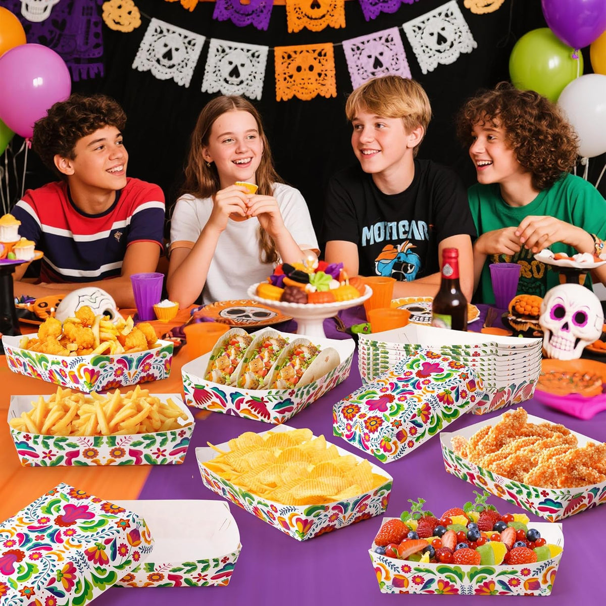Mexican Taco Nights Food Trays - 60P Hispanic Heritage Month Flowers Unassembled Trays Nacho Snack Candy Holder Disposable Paper Plates Birthday Carnival Party Harvest Picnic Food Containers