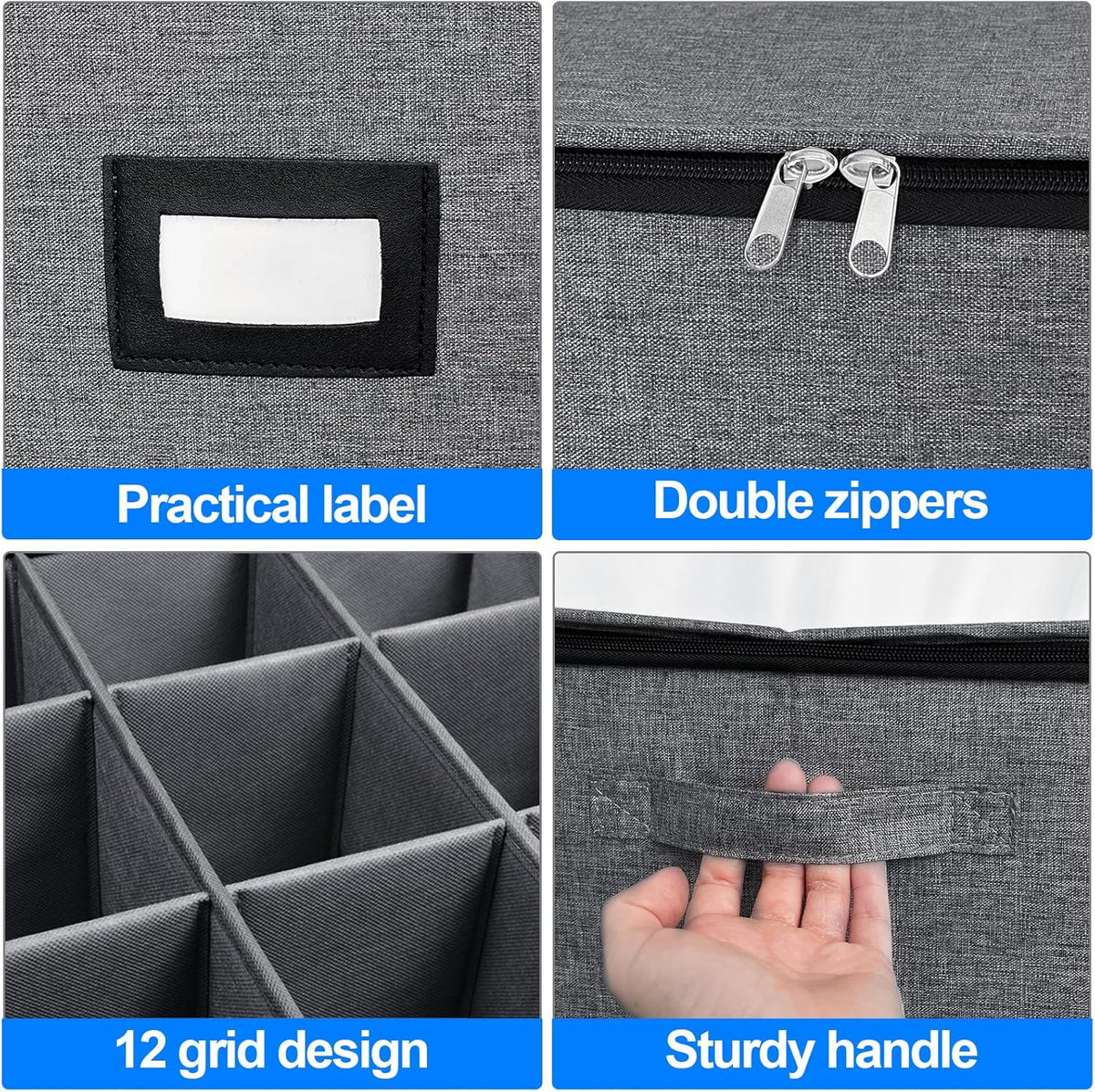 VERONLY Wine Glass Storage Box with Dividers for 12, Hard Shell Stemware Storage Container - Stackable Glassware Case with Handles and Label -Moving Storage for Crystal -Dark Gray