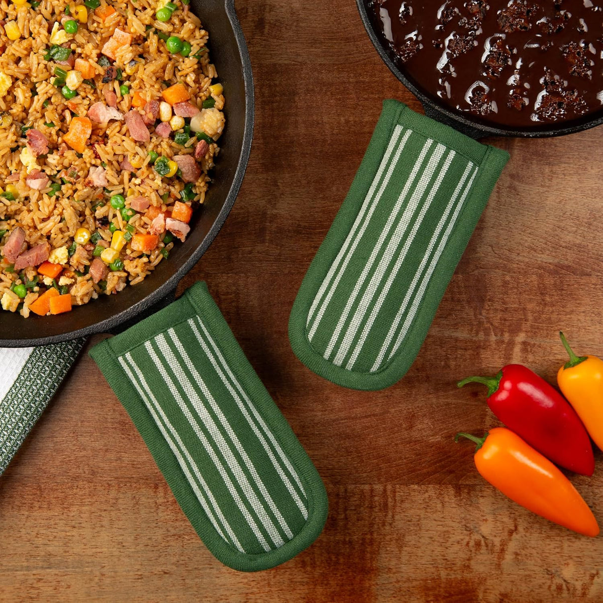 Sticky Toffee Pan Handle Covers 2-Pack – 3x6 in Green Heat Resistant Sleeves for Cast Iron Skillets and Hot Pots, Oeko-Tex Cotton Grip Holders
