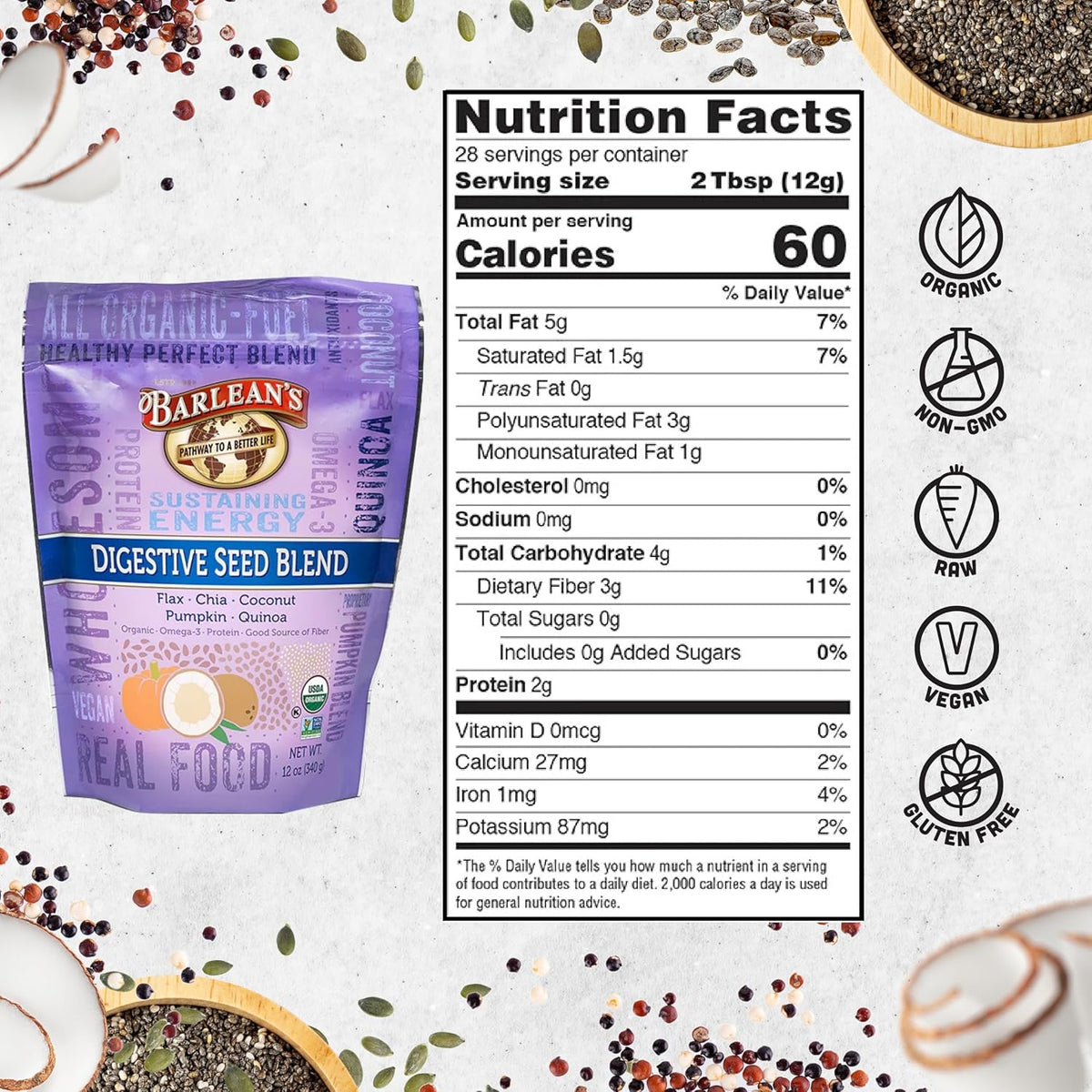 Barlean's Organic Digestive Seed Blend Fiber Supplement with Whole Chia, Ground Flax and Pumpkin Seeds, Quinoa, and Coconut, Rich in Omega 3 and Dietary Fiber, 12 oz