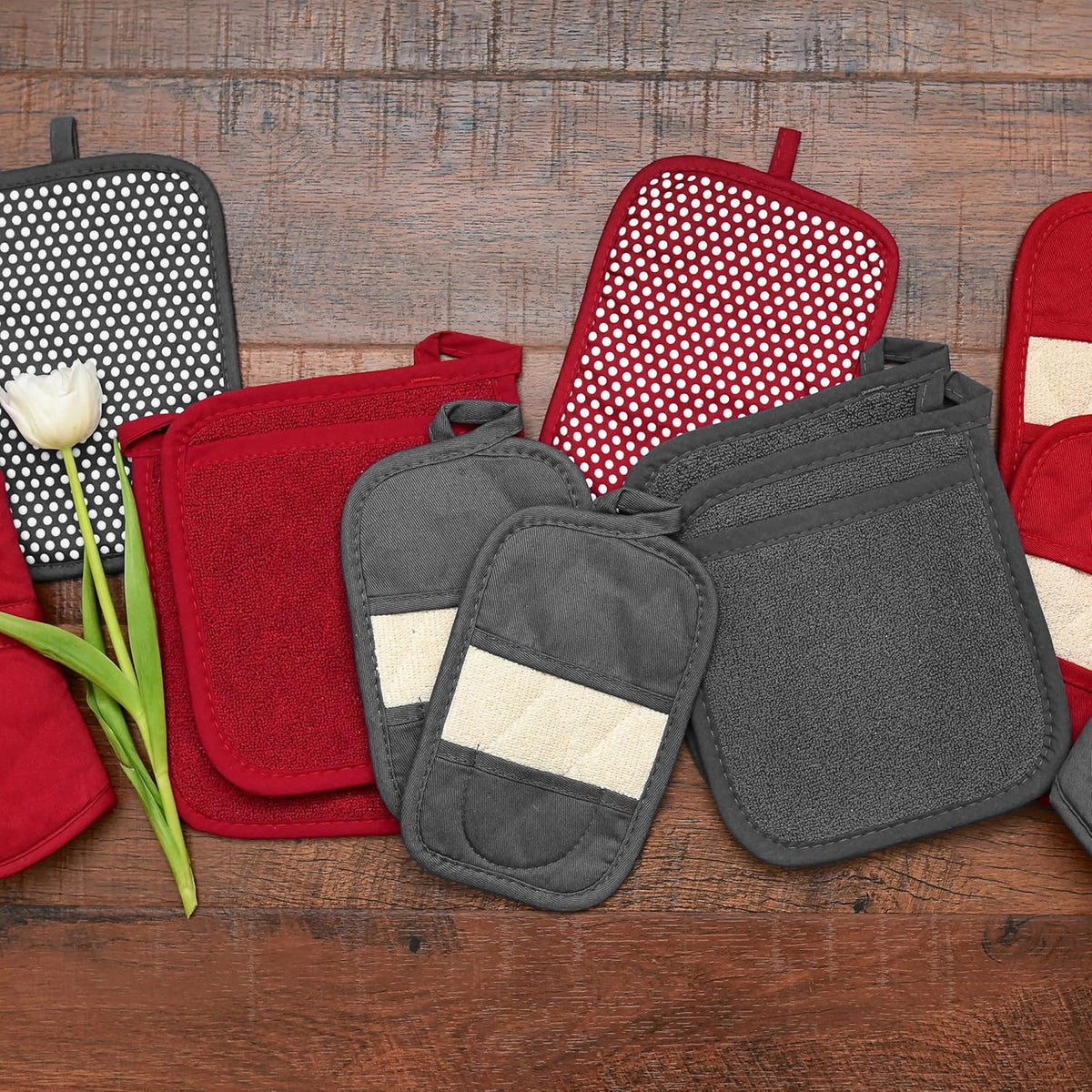 RITZ Terry Pocket Mitt & Hot Pad: Unparalleled Heat Resistant, Durable 100% Cotton – Ergonomically Designed for Optimal Grip – Easy-Care Machine Washable – 4-Pack, Graphite/Paprika