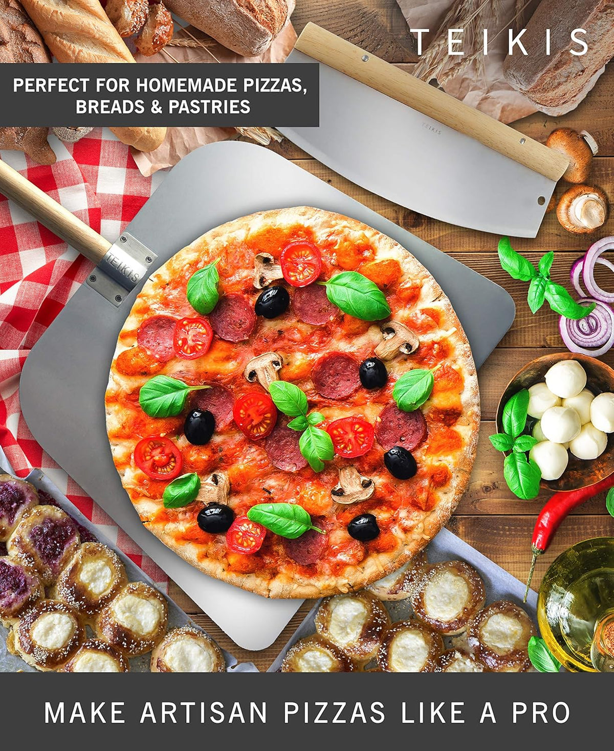 Pizza Cutter Rocker Style & Pizza Peel Set - 14" Large Pizza Metal Slicer Sharp Knife Blade Chopper with 14" x 16" Heavy Duty Pizza Paddle Board Pan with Wood Handle - Premium Oven Baking Accessories