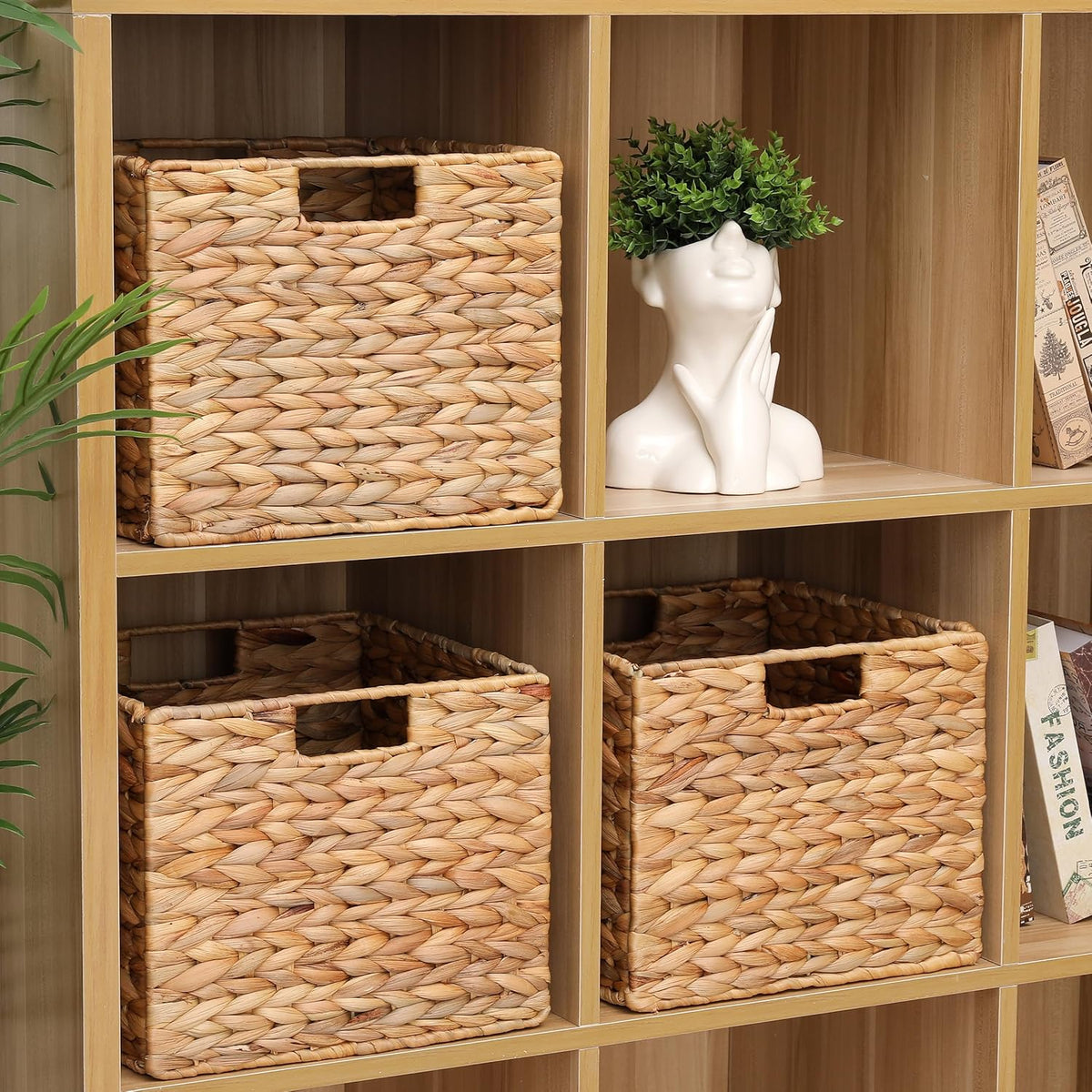 12x12x10 Water Hyacinth Folding Cube Wicker Storage Basket for Shelves, Pantry, Kitchen Organization and Storage