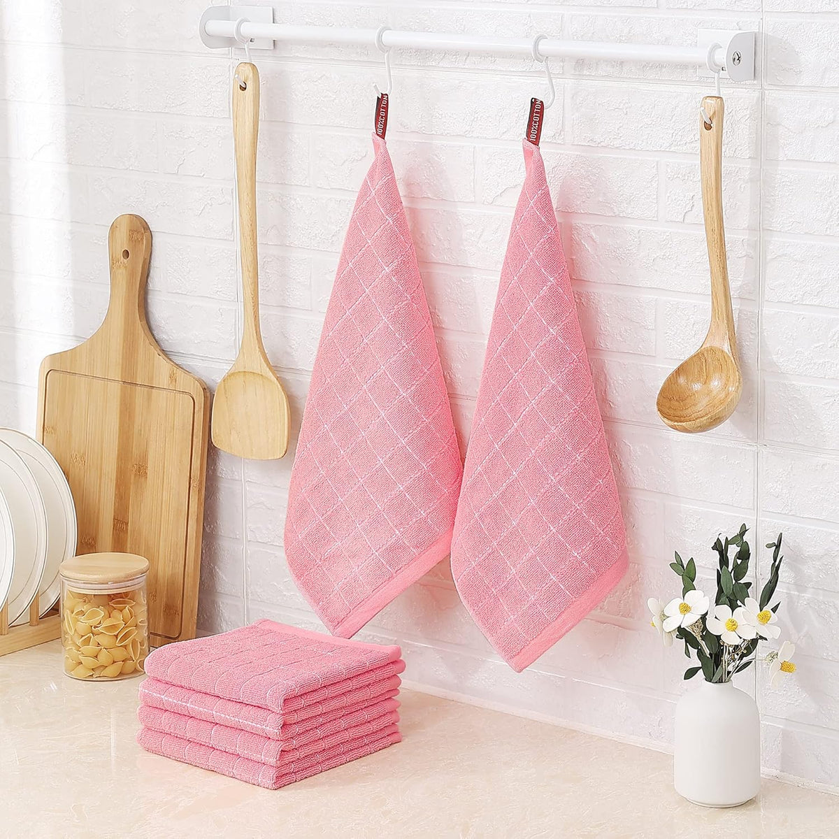 Homaxy 100% Cotton Terry Kitchen Dish Cloths, Ultra Soft and Absorbent Dish Towels for Kitchen, Suitable for Drying and Washing Dishes, 8 Pack, 12 x 12 Inches, Pink