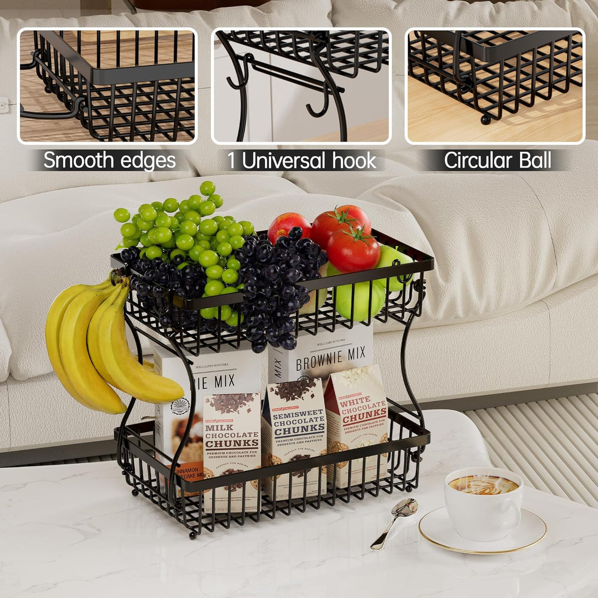 Fruit Basket,2-Tier Fruit Bowl with Banana Hanger,Kitchen Storage Countertop Rack,Fruit Metal Bowls Perfect for Holding Fruit,Vegetables,Snacks(Black)