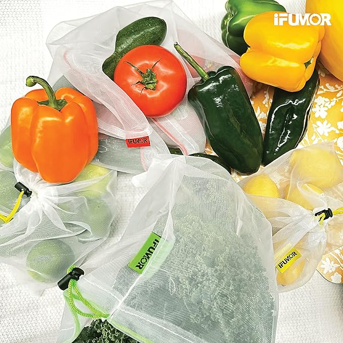 9 Pack Eco Friendly Reusable Mesh Produce Bags Washable Durable Drawstring with Colorful Tare Weight Tags Grocery Storage Vegetable Bags 3 Sizes