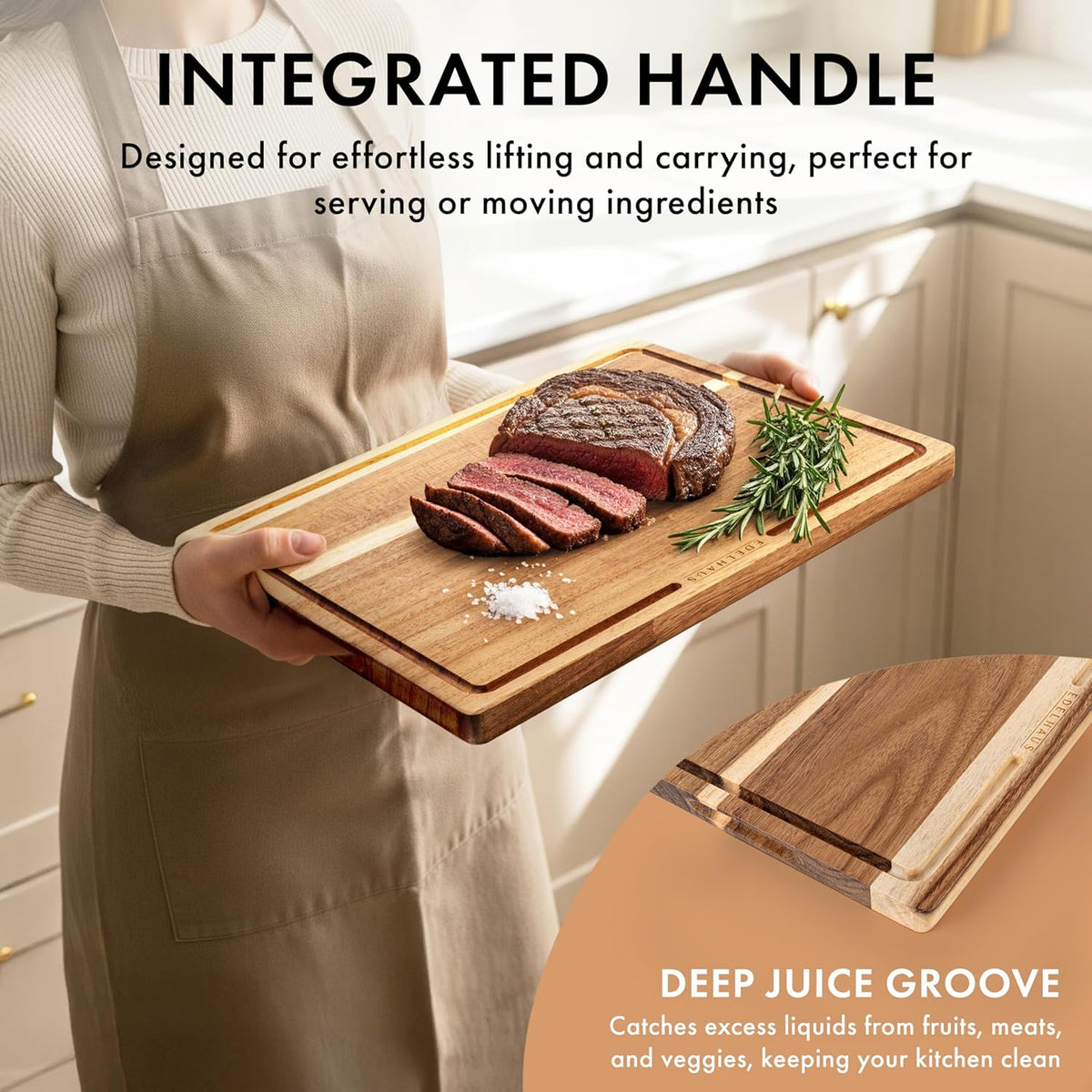 Acacia Wood Cutting Board for Kitchen, Non-Toxic Cutting Board Set of 3, Chopping Boards with Deep Juice Groove for Meat, Cheese & Vegetables - Durable & Double sided with serving Compartments