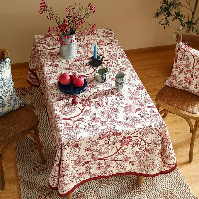 ISAENNE Designer French Linen Small Rectangular Tablecloth,Red Floral Washable Indoor Table Cloth,Durable Home Decor Tablecloths for Dining Thanksgiving Kitchen Party Christmas,55"*71"-Ruyi A