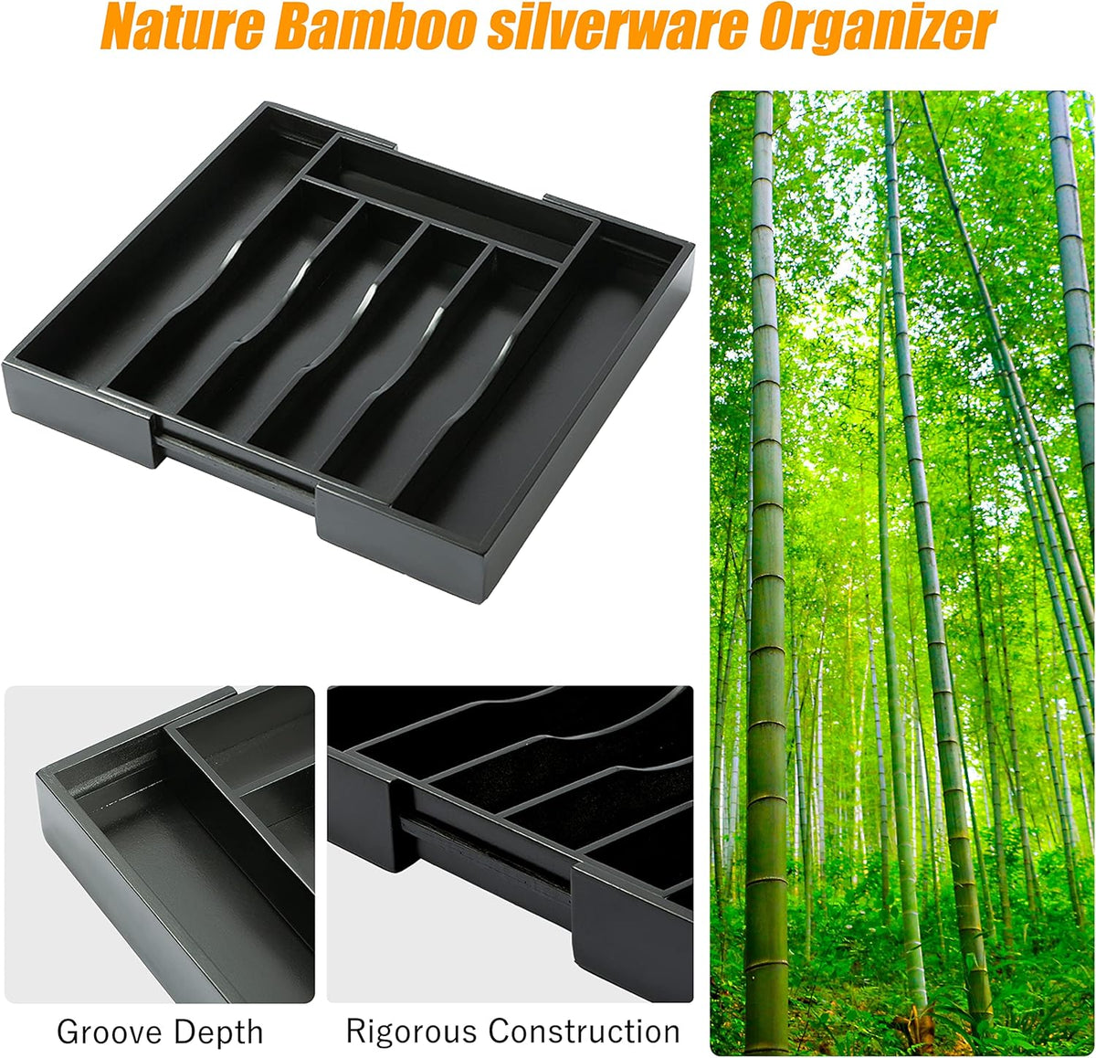 Bellsal Black Silverware Organizer Kitchen Drawer Organizer Expandable Bamboo Utensil Holder Cutlery Tray for Kitchen Utensil and Flatware Bedroom Office