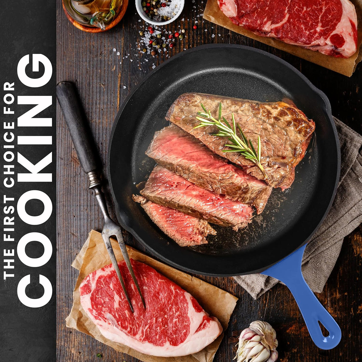 Utopia Kitchen Cast iron Skillets 3 Piece Set, Chefs Pan, Pre Seasoned Cast iron Skillets, 6, 8 & 10 Inches, Easy Use in the Oven, Stove, Grill, or Campfire, Blue