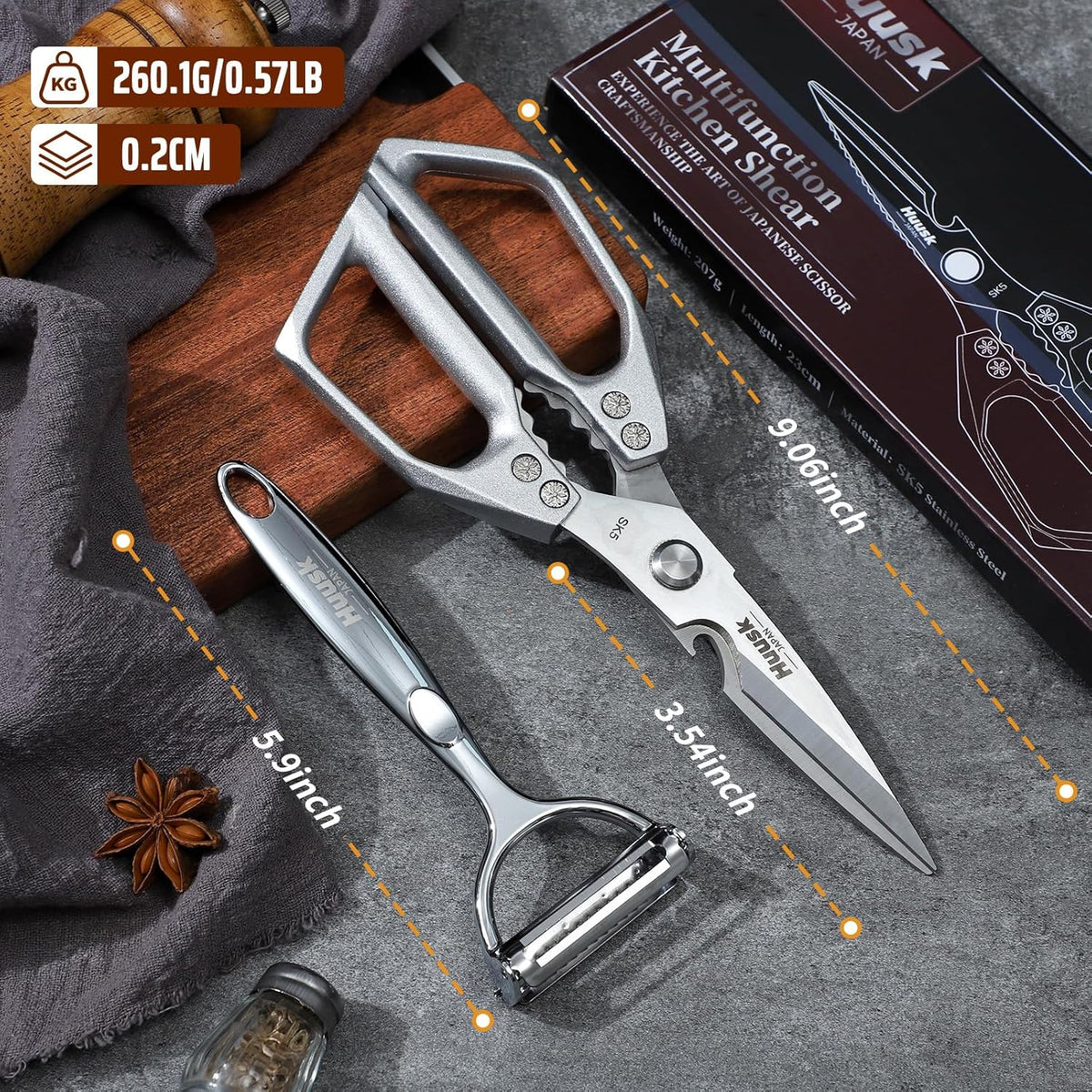 HUUSK Kitchen Scissors and Vegetable Peeler Set - Silver Stainless Steel Cooking Kitchen Shears for Food with Serrated Peeler, Heavy Duty Japanese Style Dishwasher Safe Meat Scissors for all Purpose