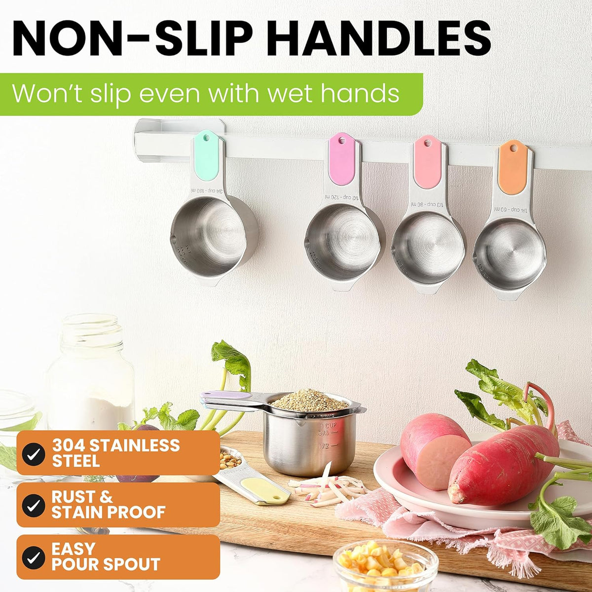 Spring Chef Magnetic Stainless Steel Measuring Cups, Patented, Kitchen Tools with Easy to Read Markings for Measuring Dry or Liquid Ingredients, Set of 7, Pastel