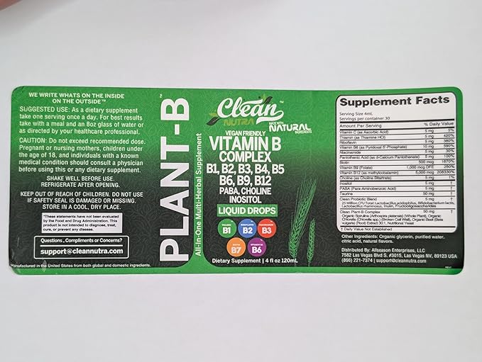 Vitamin B Complex Liquid Drops | Thiamine B1, B6, B2, B3, B4, B5, B7 B9, B12, Niacinamide, Paba, Choline Inositol Taurine Probiotics Beet Root Spirulina - Plant-B Vitamin Supplements by Clean Nutra