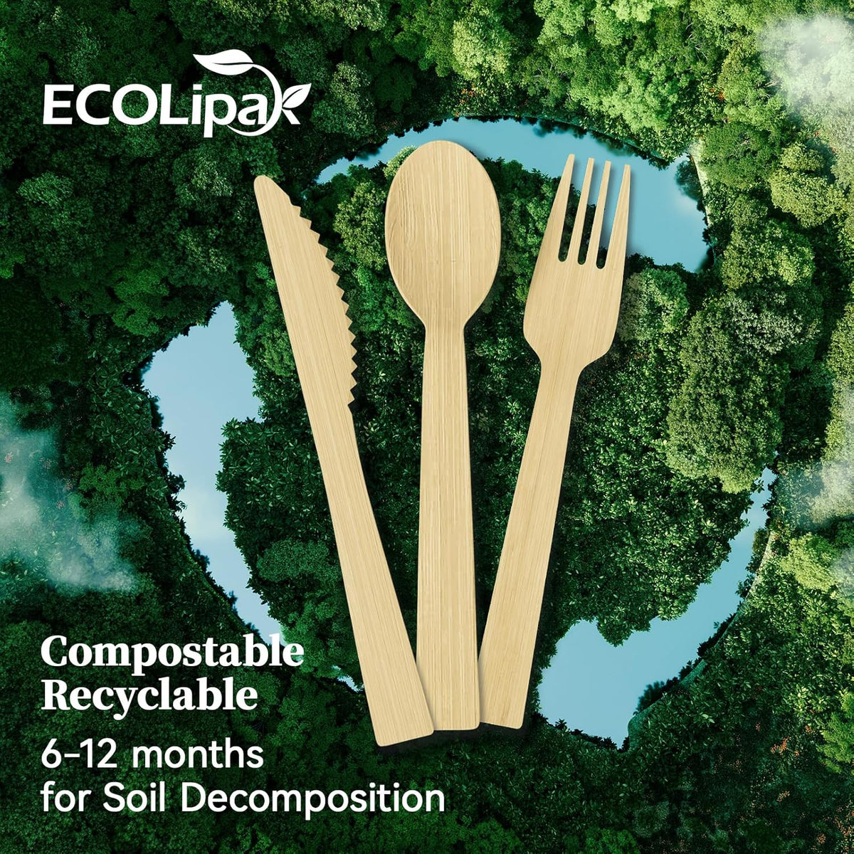 ECOLipak 300 Count Bamboo Cutlery Set, 100 Knives, Forks and Spoons each, No Splinters Disposable Cutlery Set Compostable Utensils for Party, Camping, Traveling, Family Dinners