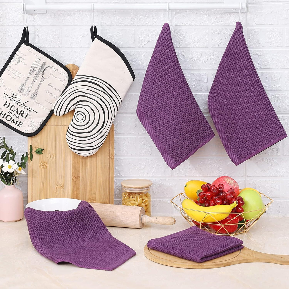 Homaxy 100% Cotton Waffle Weave Kitchen Dish Cloths, Ultra Soft Absorbent Quick Drying Dish Towels, 12 x 12 Inches, 6-Pack, Purple