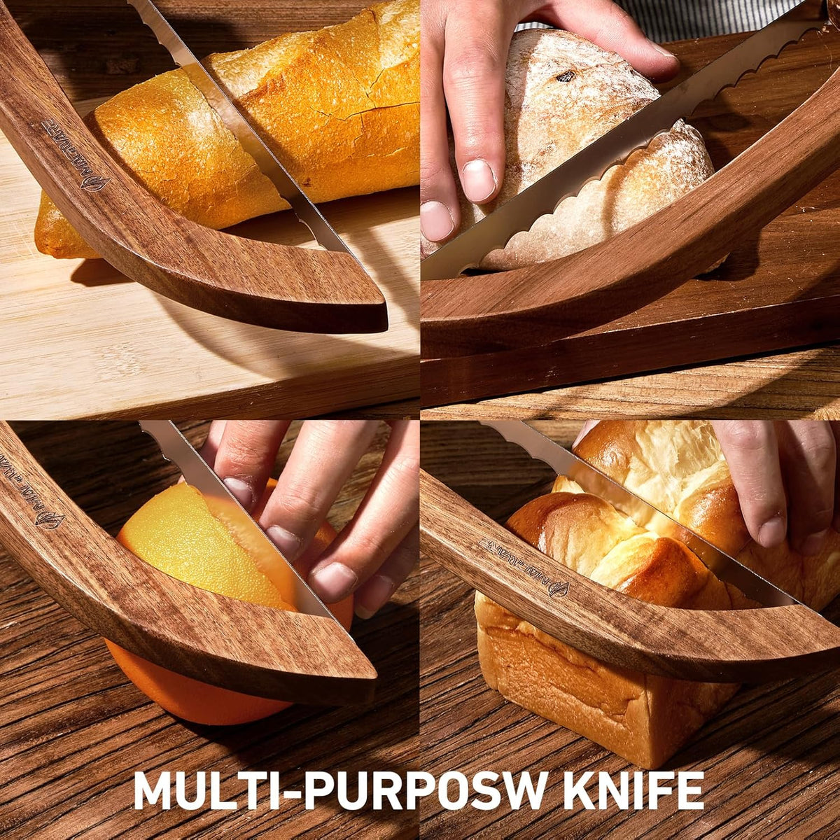 Bread Slicer Knife for Homemade Bread, Wooden Sourdough Bread Knife Cutter for Slicing, Serrated Bread Bow Knife Bread Saw Tool, Kitchen Baking Supplies (Acacia)