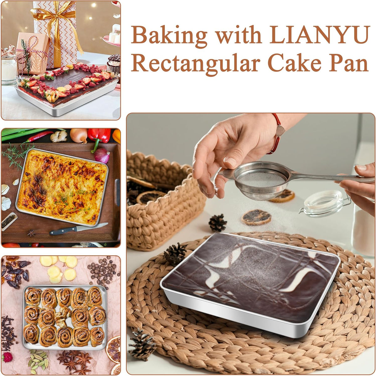 LIANYU Baking Pan Set of 2, 12⅓ x 9¾ x 2 Inch Cake Lasagna Brownies Casseroles Pan, Rectangle Stainless Steel Bakeware Set for Baking Roasting Toaster Oven, Dishwasher Safe
