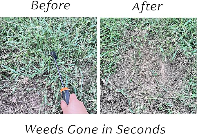 Hand Weeding Tool, Uprooting Weeder Tool Portable Garden Weed Remover with Handle, 4 Teeth Stainless Steel Weed Puller for Garden Backyard Farm Planting & Weeding (Rubber Handle)