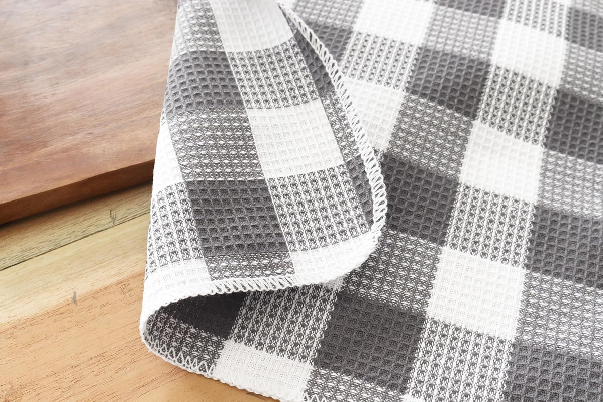 Waffle Weave Plaid Dish Cloths, 100% Cotton - 12 x 12 Inches, Ultra Soft Absorbent Quick Drying Dish Towels Buffalo Check Dish Rags for Kitchen, 6 Pack - Spring Summer - Steel Grey and White