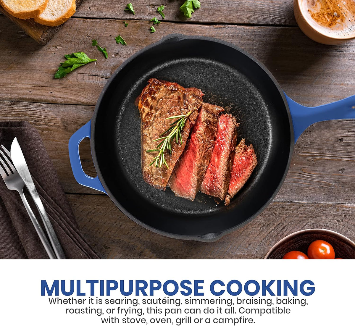 Utopia Kitchen Saute Frying Pan 12 Inch, Cast Iron Chefs Pan, Pre Seasoned Cast iron Skillet With Lid, Safe Grill Cookware for Indoor & Outdoor Use, Blue