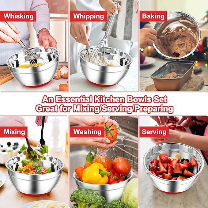 TeamFar Mixing Bowls, Red Mixing Bowls with Lids Set, Stainless Steel Nesting Salad Bowl with Air-tight Lid & Silicone Bottom, Non Slip & Stackable - Set of 6-4.6/2.6/2 / 1.5/1 / 0.7 Qt