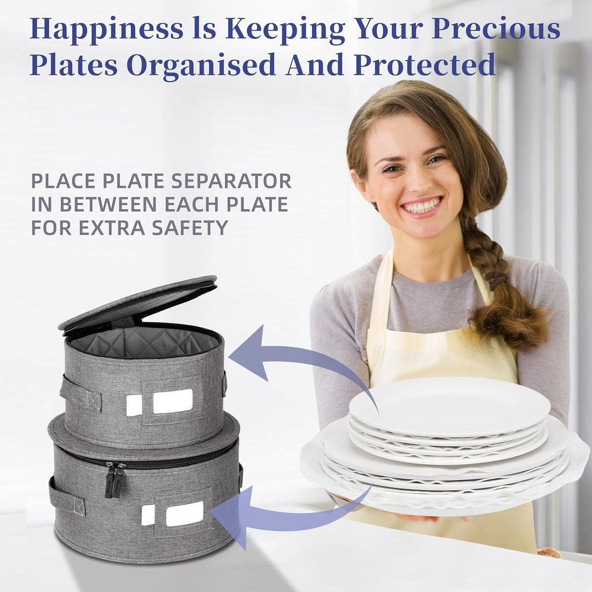 LUXULA China Storage Containers for 12 Place Setting with Two Plate Bags, 5 Pcs Hard Shell Quilted China Storage Cases for Dinner Plates, Salad Plates, Dessert Plates, Saucers, Cups & Mug Storage
