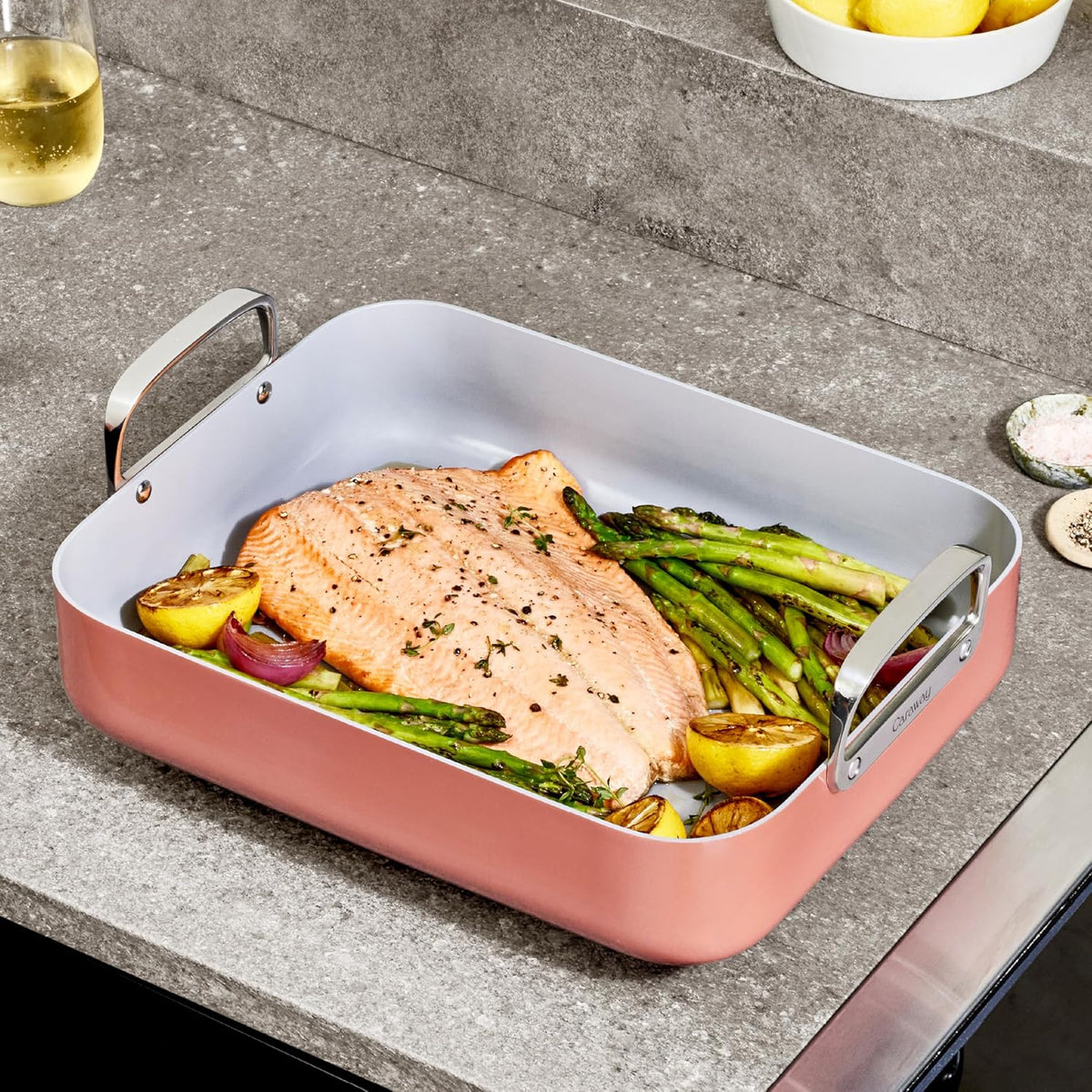 Caraway Roasting Pan - 16x13” Roasting Pan with Rack - Non-Stick Ceramic Coated - Non Toxic, PTFE & PFOA Free - Oven Safe & Compatible with All Stovetops - Navy
