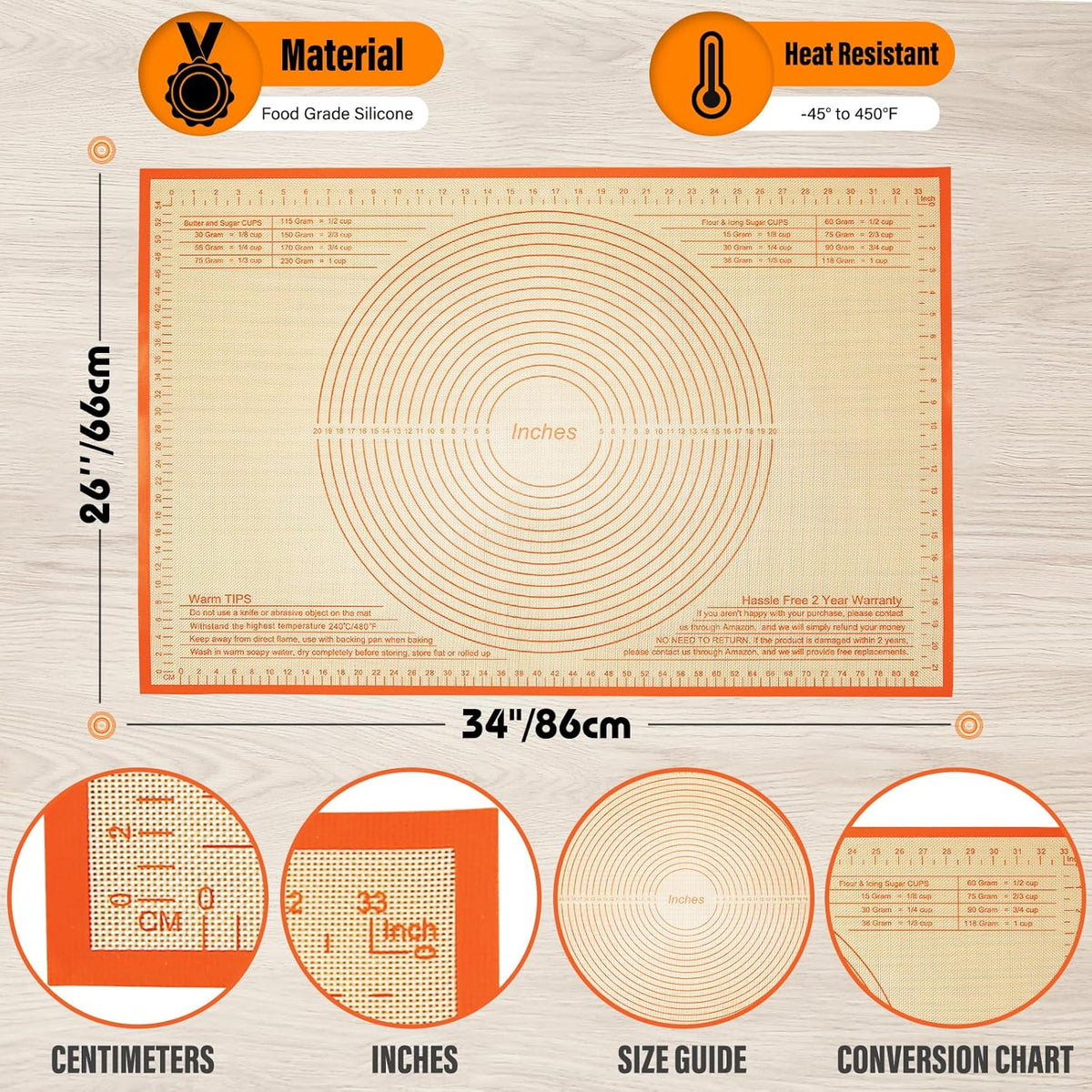 Non-slip Silicone Pastry Mat 34x26 Inch - Nonstick Baking Mat with Measurements, Perfect for Doug, Pastry, Pie Crust, Fondant, Pasta, Pizza Mats