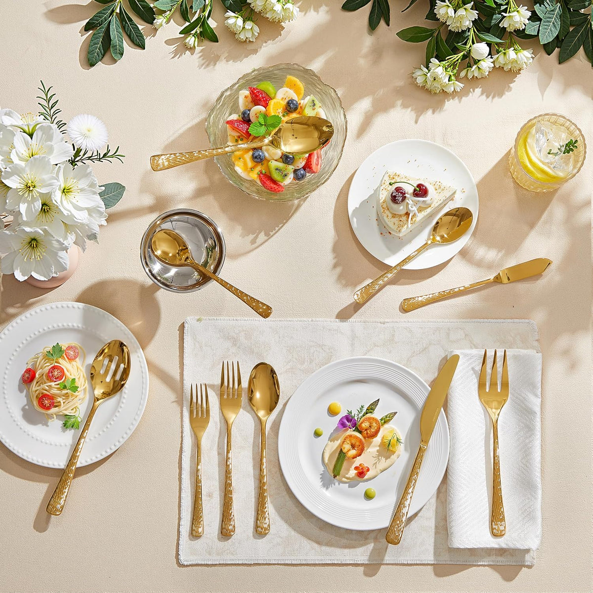 KINGSTONE Gold Hammered Silverware Set, Flatware Set with Serving Utensils, 18/10 Stainless Steel Premium Cutlery with Unique Ripple Handles Design Mirror Polished - Dishwasher Safe (45-Piece)